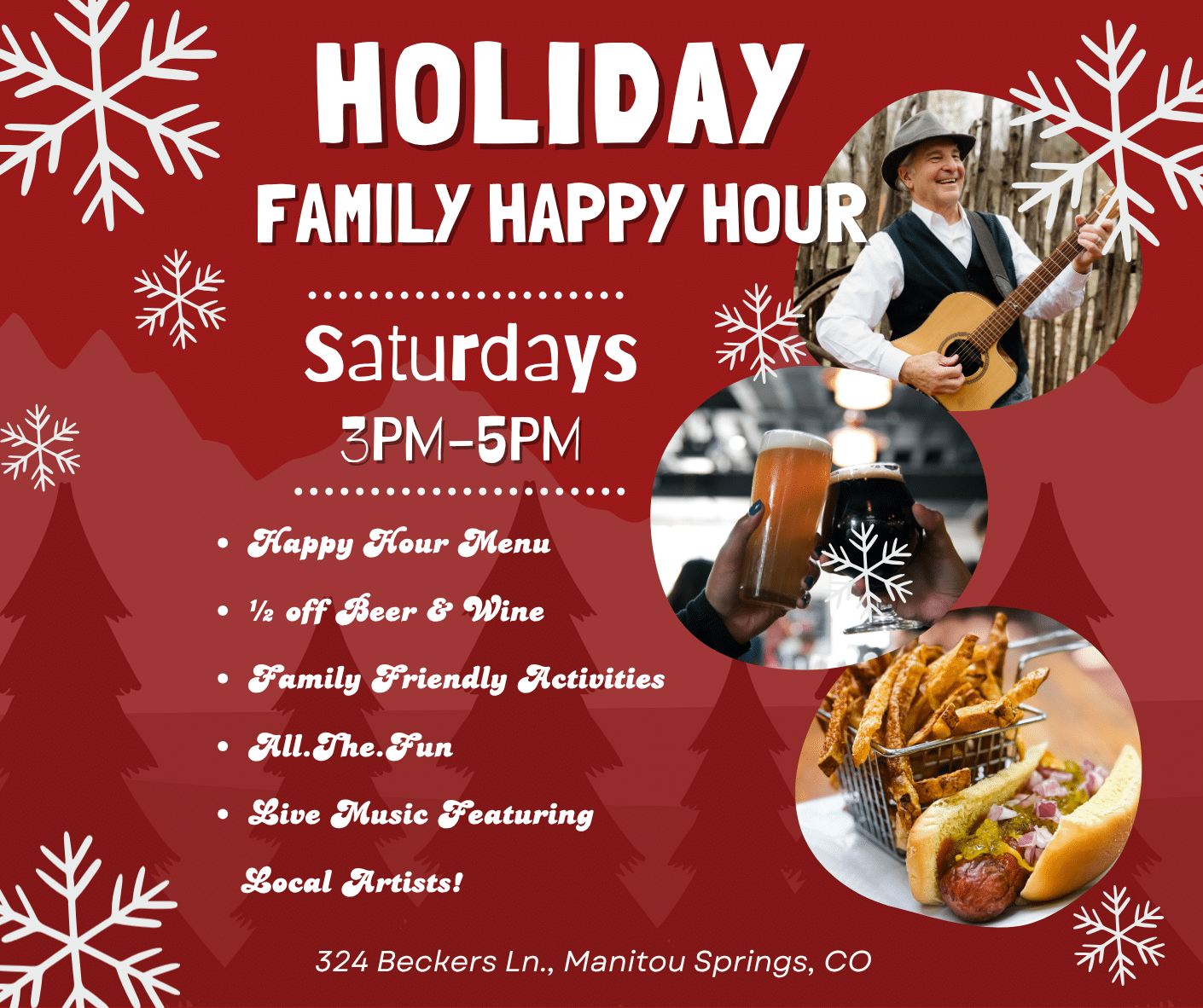 holiday happy hour-guitar player, beer, hot dog and fries